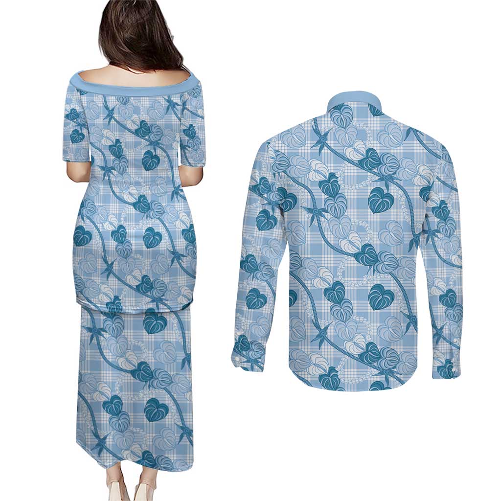 Anthurium Pikake Ti Leaf Palaka Couples Matching Puletasi and Long Sleeve Button Shirt Blue Version
