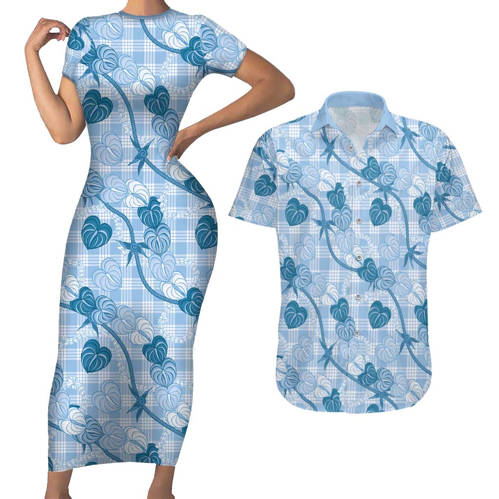 Anthurium Pikake Ti Leaf Palaka Couples Matching Short Sleeve Bodycon Dress and Hawaiian Shirt Blue Version