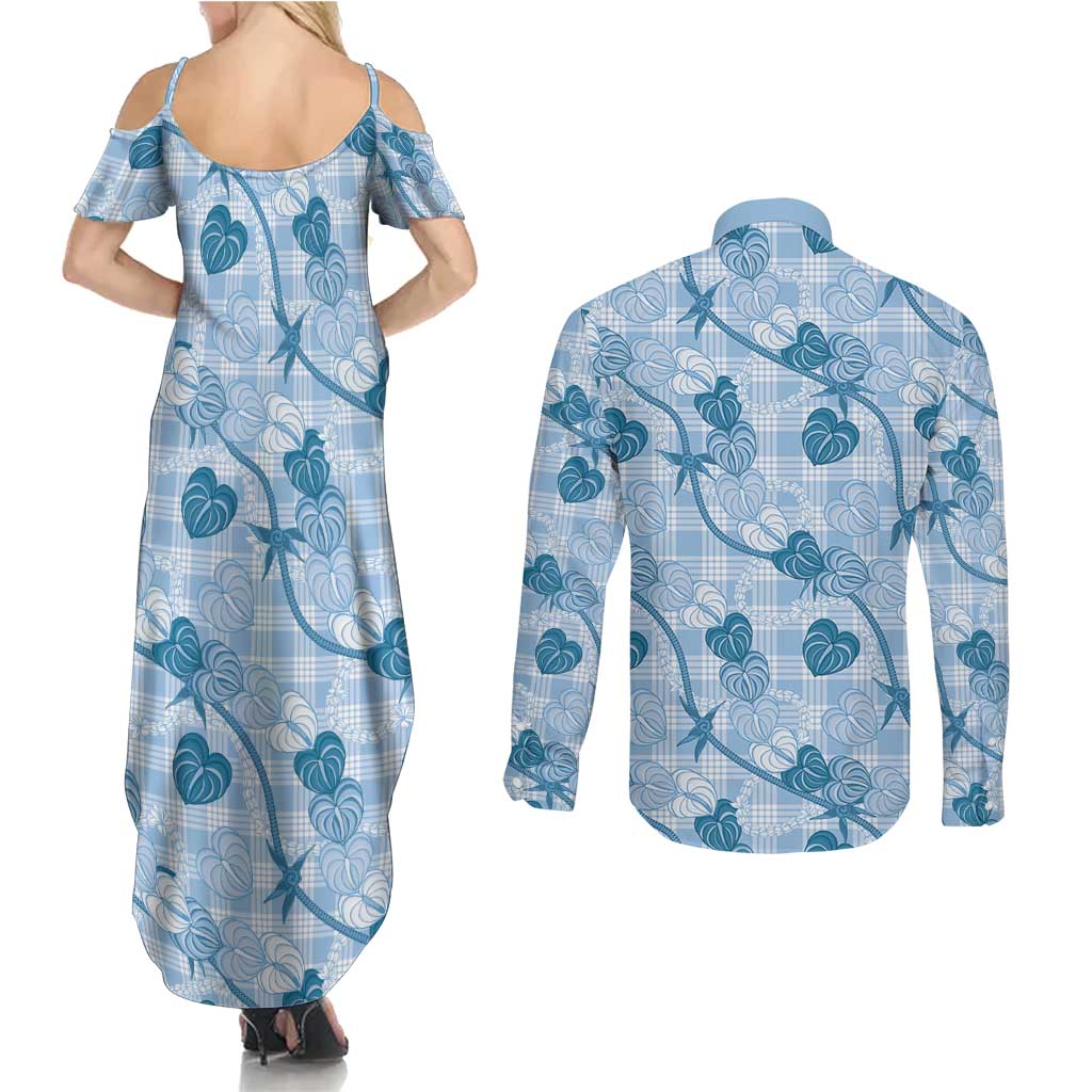 Anthurium Pikake Ti Leaf Palaka Couples Matching Summer Maxi Dress and Long Sleeve Button Shirt Blue Version