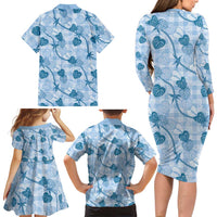 Anthurium Pikake Ti Leaf Palaka Family Matching Long Sleeve Bodycon Dress and Hawaiian Shirt Blue Version