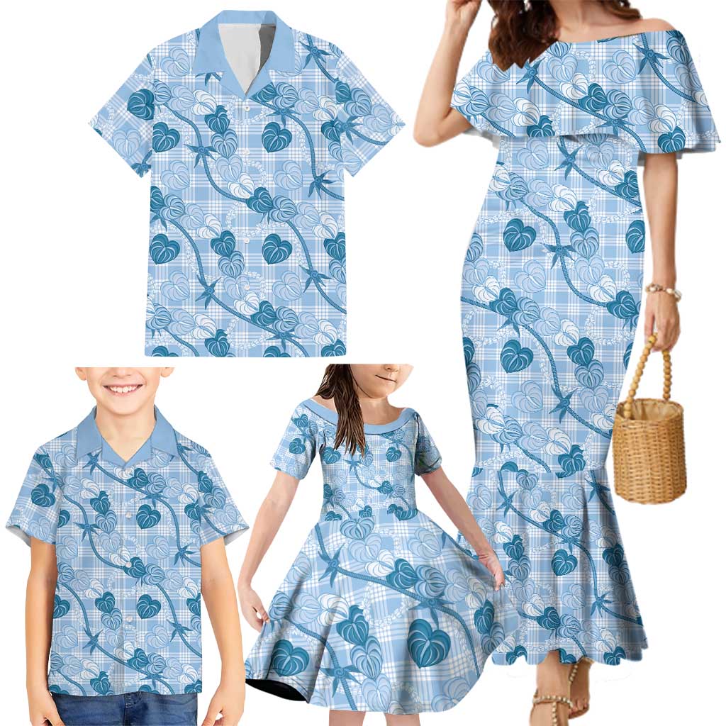 Anthurium Pikake Ti Leaf Palaka Family Matching Mermaid Dress and Hawaiian Shirt Blue Version