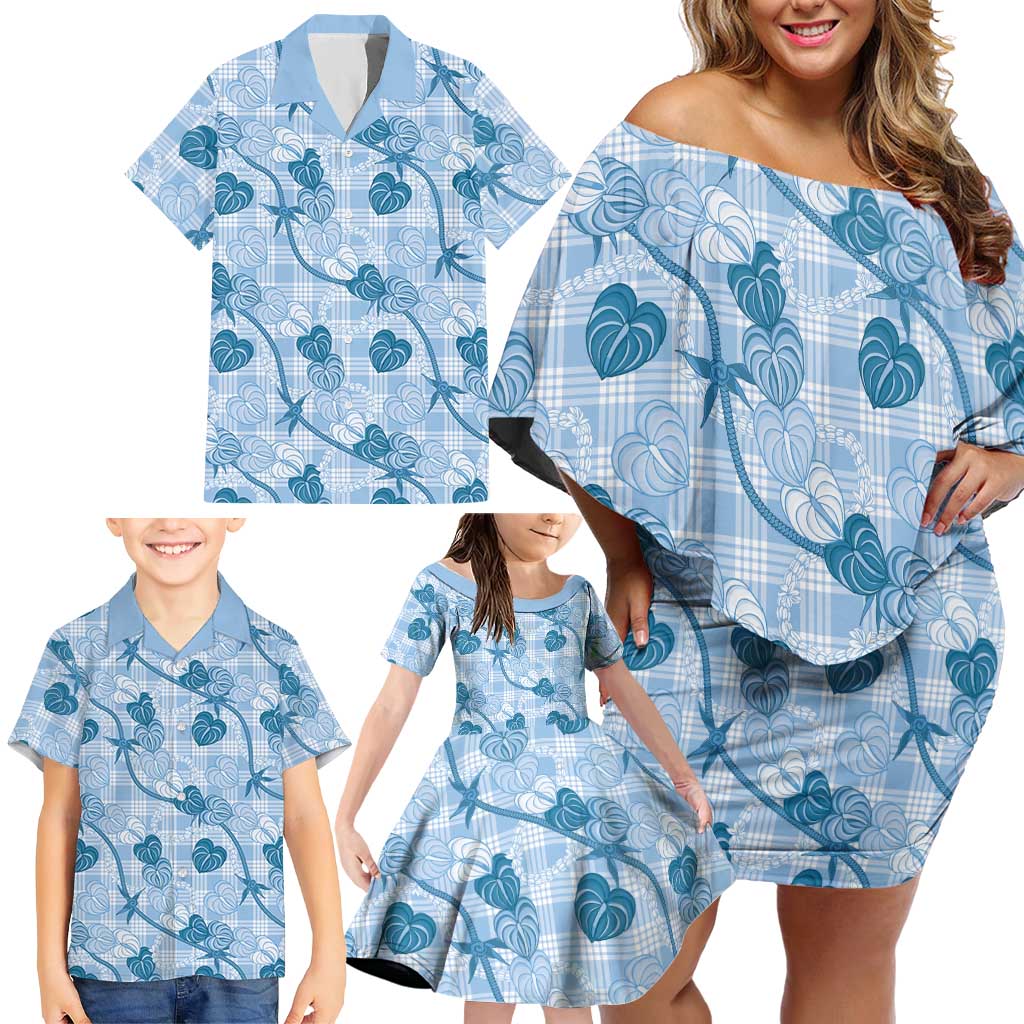 Anthurium Pikake Ti Leaf Palaka Family Matching Off Shoulder Short Dress and Hawaiian Shirt Blue Version
