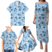 Anthurium Pikake Ti Leaf Palaka Family Matching Puletasi and Hawaiian Shirt Blue Version