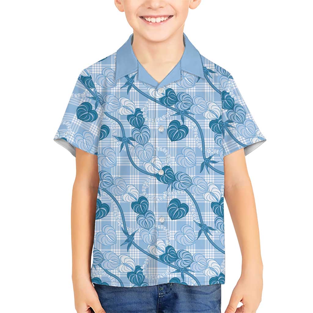 Anthurium Pikake Ti Leaf Palaka Family Matching Puletasi and Hawaiian Shirt Blue Version