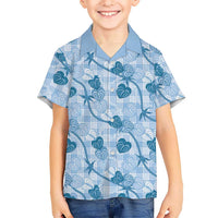 Anthurium Pikake Ti Leaf Palaka Family Matching Puletasi and Hawaiian Shirt Blue Version