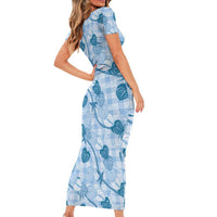 Anthurium Pikake Ti Leaf Palaka Family Matching Short Sleeve Bodycon Dress and Hawaiian Shirt Blue Version