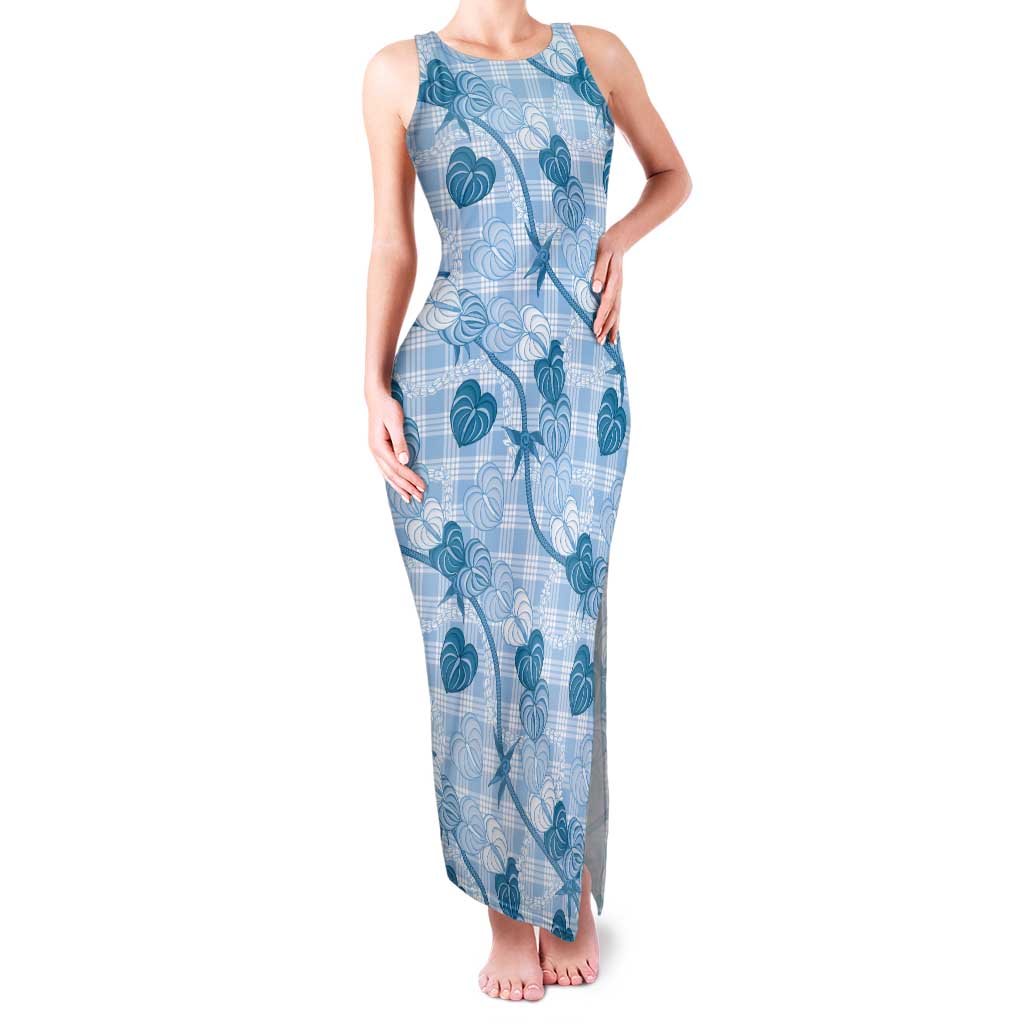 Anthurium Pikake Ti Leaf Palaka Family Matching Tank Maxi Dress and Hawaiian Shirt Blue Version