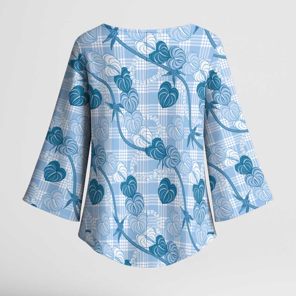Anthurium Pikake Ti Leaf Palaka Kimono Sleeve Blouse Blue Version