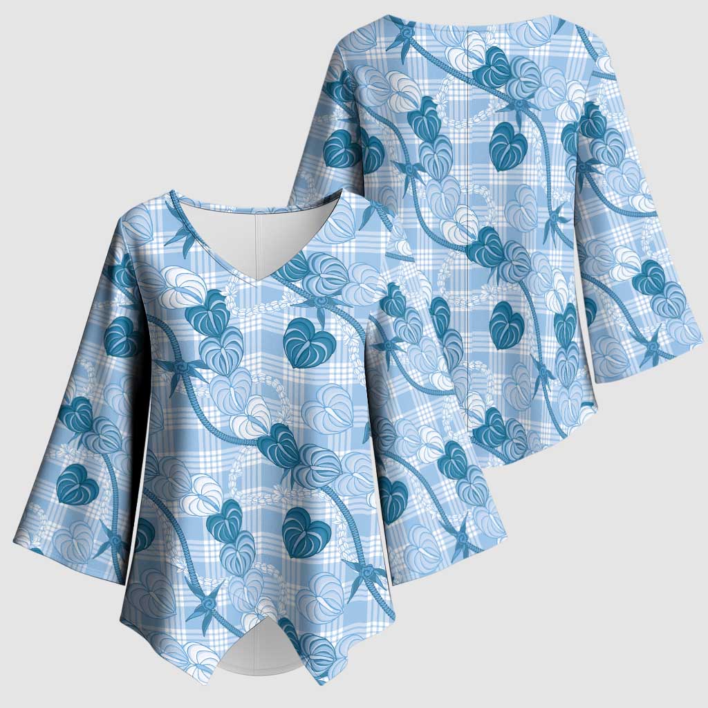 Anthurium Pikake Ti Leaf Palaka Kimono Sleeve Blouse Blue Version