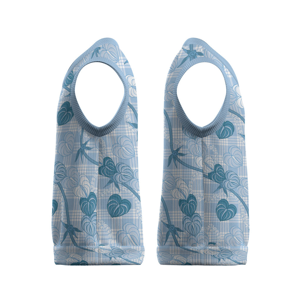 Anthurium Pikake Ti Leaf Palaka Christmas Knitted V-Neck Vest Blue Version LT01 - Polynesian Pride