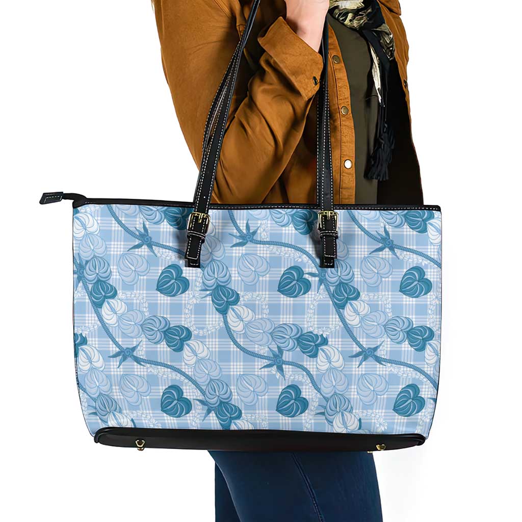 Anthurium Pikake Ti Leaf Palaka Leather Tote Bag Blue Version
