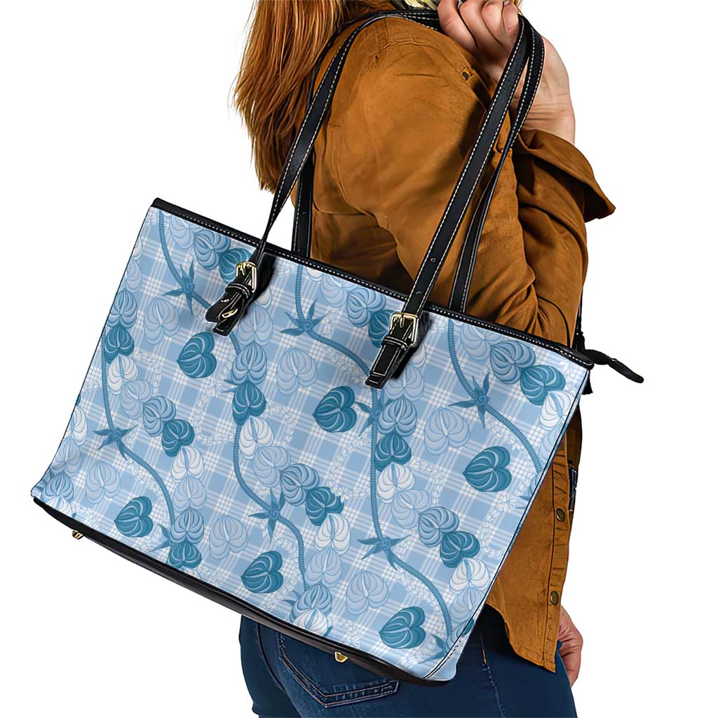 Anthurium Pikake Ti Leaf Palaka Leather Tote Bag Blue Version