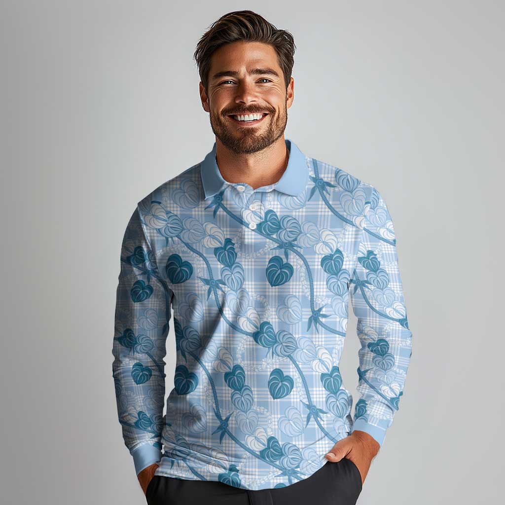 Anthurium Pikake Ti Leaf Palaka Long Sleeve Polo Shirt Blue Version