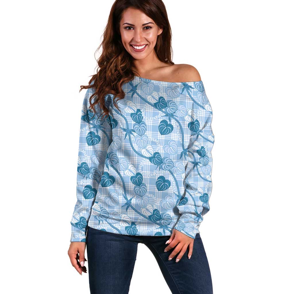 Anthurium Pikake Ti Leaf Palaka Off Shoulder Sweater Blue Version