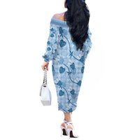 Anthurium Pikake Ti Leaf Palaka Off The Shoulder Long Sleeve Dress Blue Version