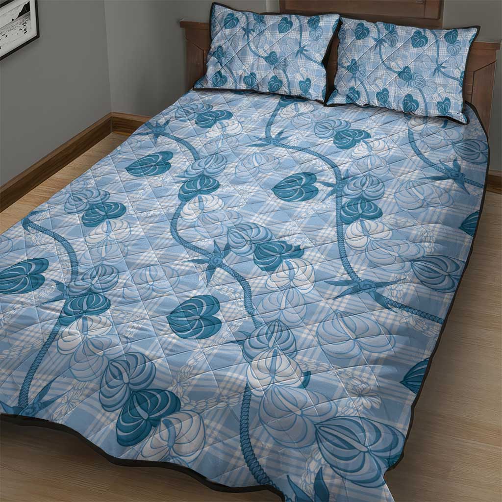 Anthurium Pikake Ti Leaf Palaka Quilt Bed Set Blue Version