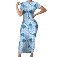 Anthurium Pikake Ti Leaf Palaka Short Sleeve Bodycon Dress Blue Version