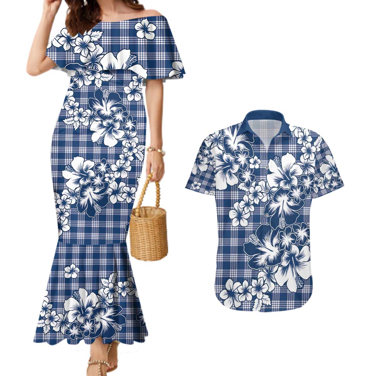 Hibiscus Pakala Cobalt Blue Royal Couples Matching Mermaid Dress and Hawaiian Shirt Tropical Floral Stylized - Polynesian Pride