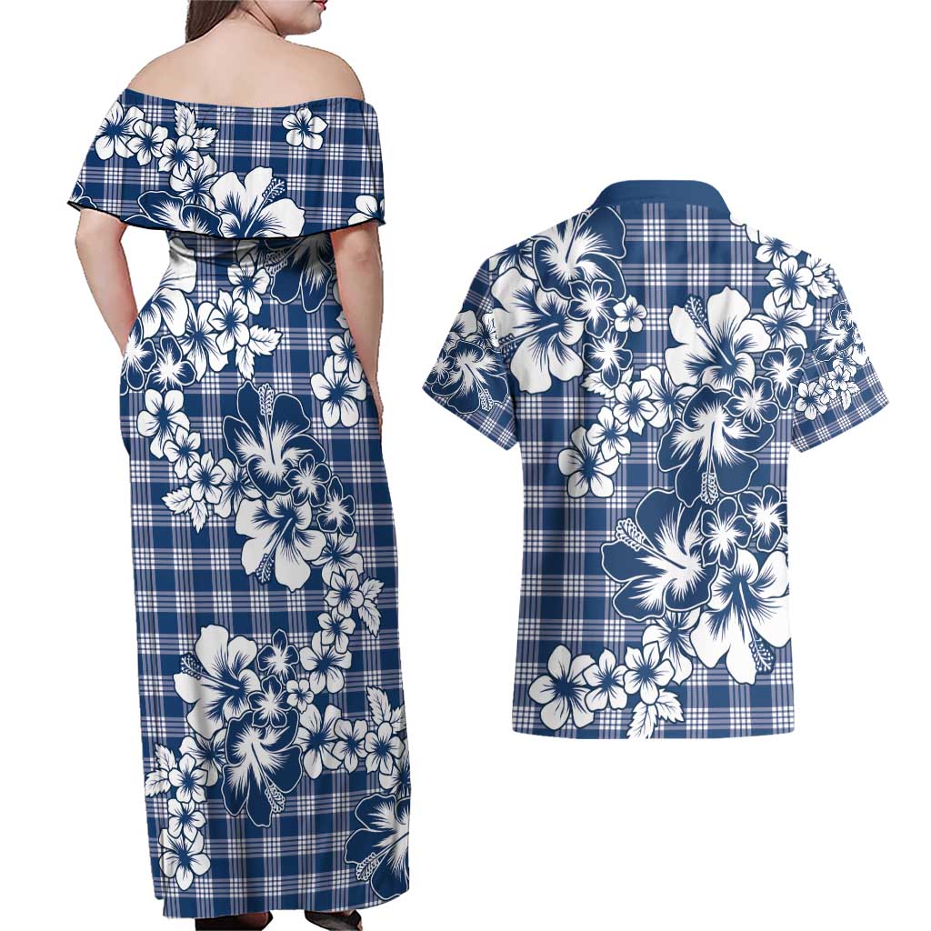 Hibiscus Pakala Cobalt Blue Royal Couples Matching Off Shoulder Maxi Dress and Hawaiian Shirt Tropical Floral Stylized - Polynesian Pride