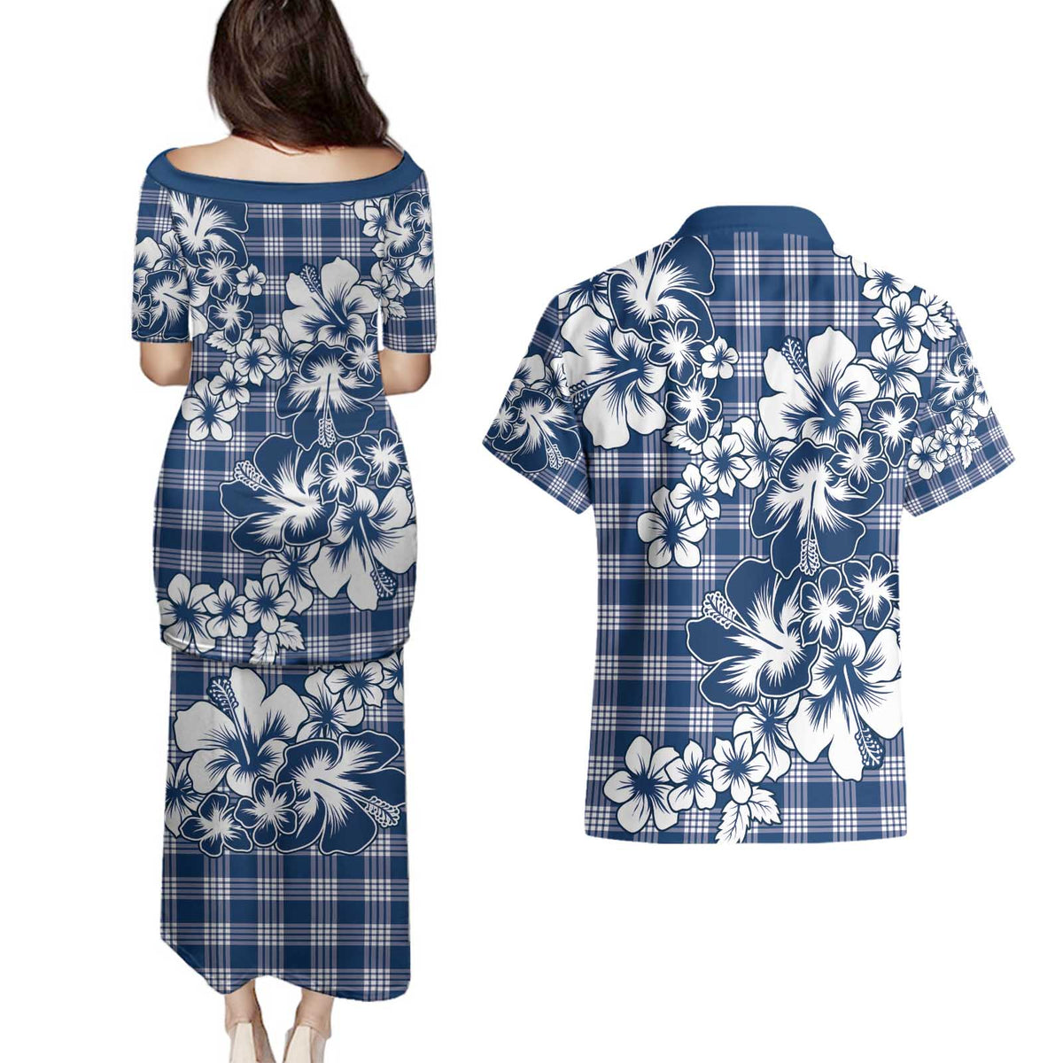 Hibiscus Pakala Cobalt Blue Royal Couples Matching Puletasi and Hawaiian Shirt Tropical Floral Stylized - Polynesian Pride