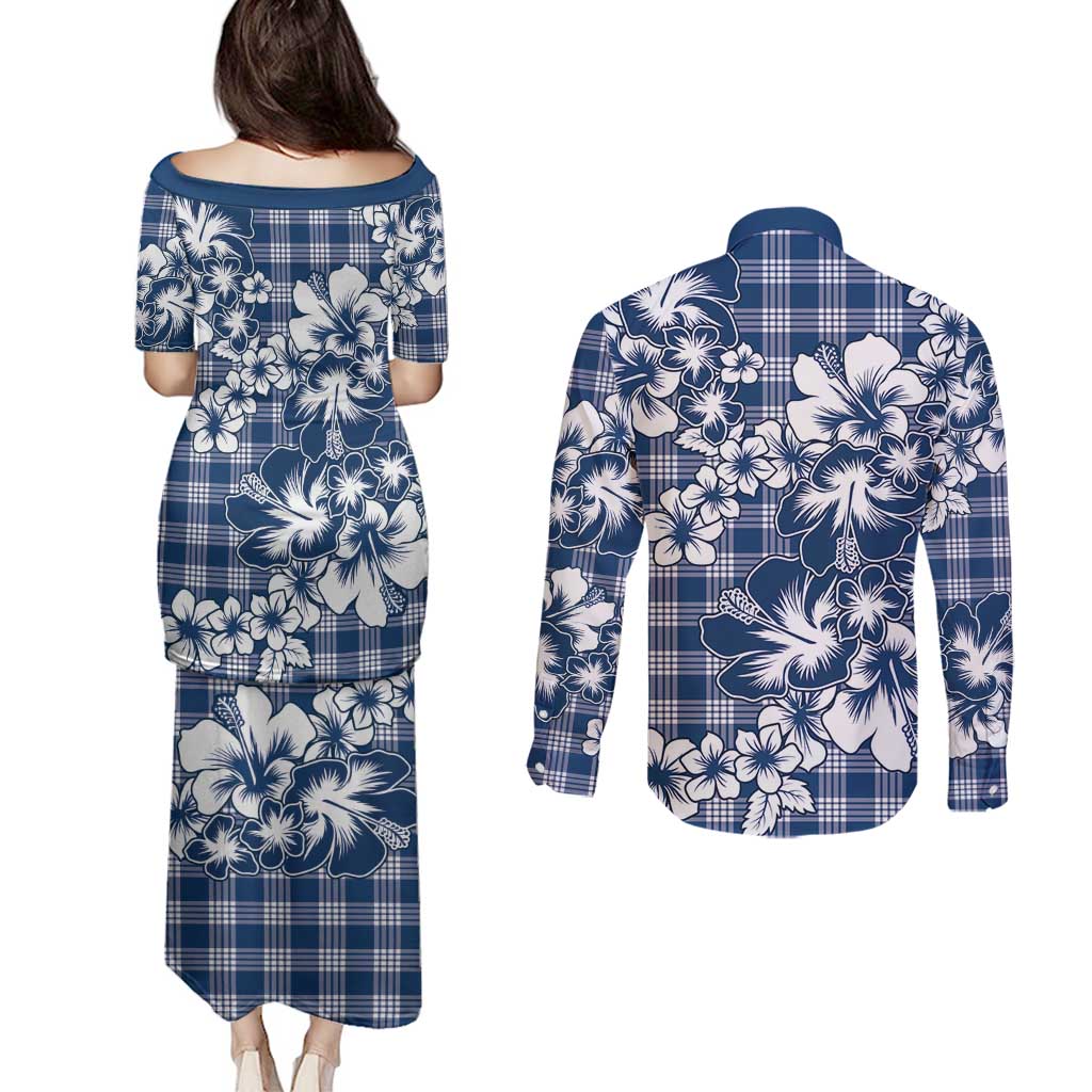 Hibiscus Pakala Cobalt Blue Royal Couples Matching Puletasi and Long Sleeve Button Shirt Tropical Floral Stylized - Polynesian Pride