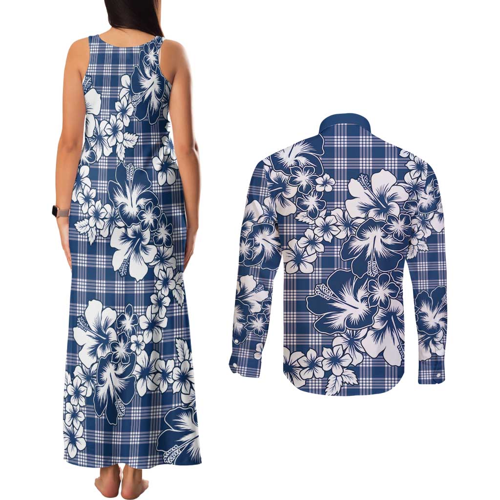 Hibiscus Pakala Cobalt Blue Royal Couples Matching Tank Maxi Dress and Long Sleeve Button Shirt Tropical Floral Stylized - Polynesian Pride