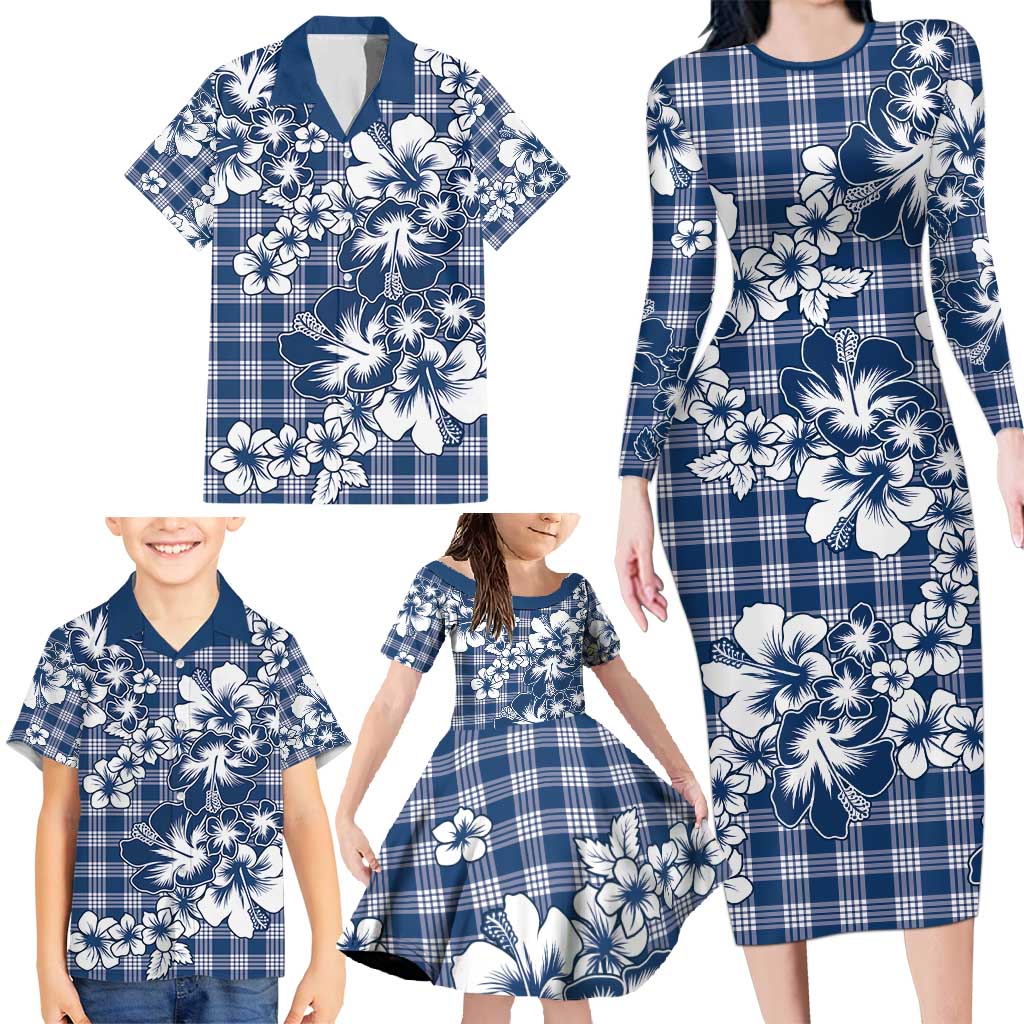 Hibiscus Pakala Cobalt Blue Royal Family Matching Long Sleeve Bodycon Dress and Hawaiian Shirt Tropical Floral Stylized LT01 - Polynesian Pride
