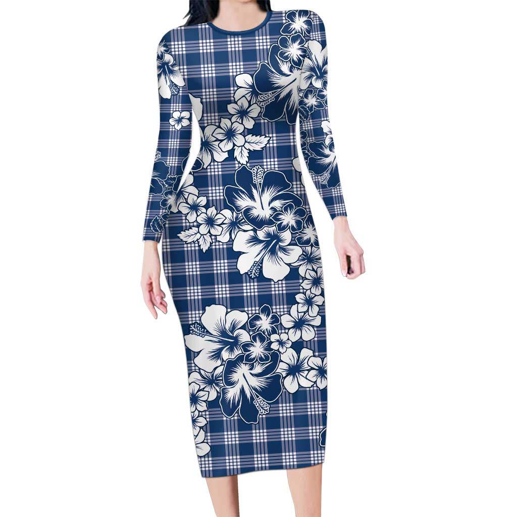 Hibiscus Pakala Cobalt Blue Royal Family Matching Long Sleeve Bodycon Dress and Hawaiian Shirt Tropical Floral Stylized LT01 Mom's Dress Blue - Polynesian Pride