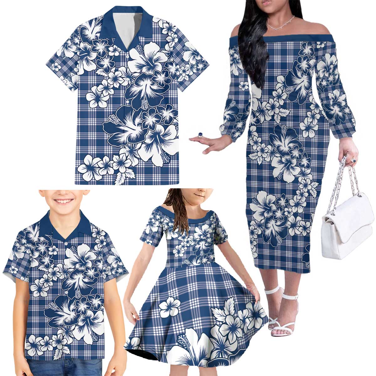Hibiscus Pakala Cobalt Blue Royal Family Matching Off The Shoulder Long Sleeve Dress and Hawaiian Shirt Tropical Floral Stylized LT01 - Polynesian Pride
