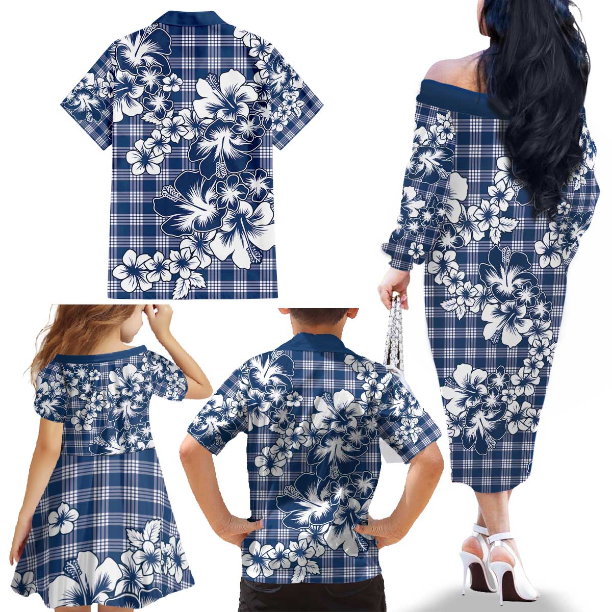 Hibiscus Pakala Cobalt Blue Royal Family Matching Off The Shoulder Long Sleeve Dress and Hawaiian Shirt Tropical Floral Stylized LT01 - Polynesian Pride