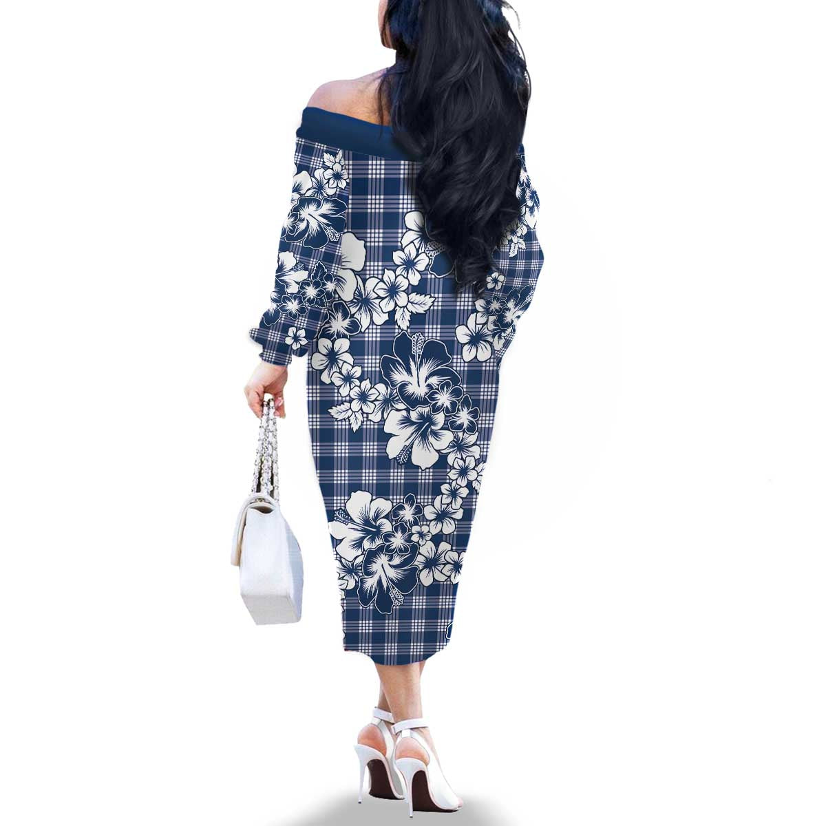 Hibiscus Pakala Cobalt Blue Royal Family Matching Off The Shoulder Long Sleeve Dress and Hawaiian Shirt Tropical Floral Stylized LT01 - Polynesian Pride