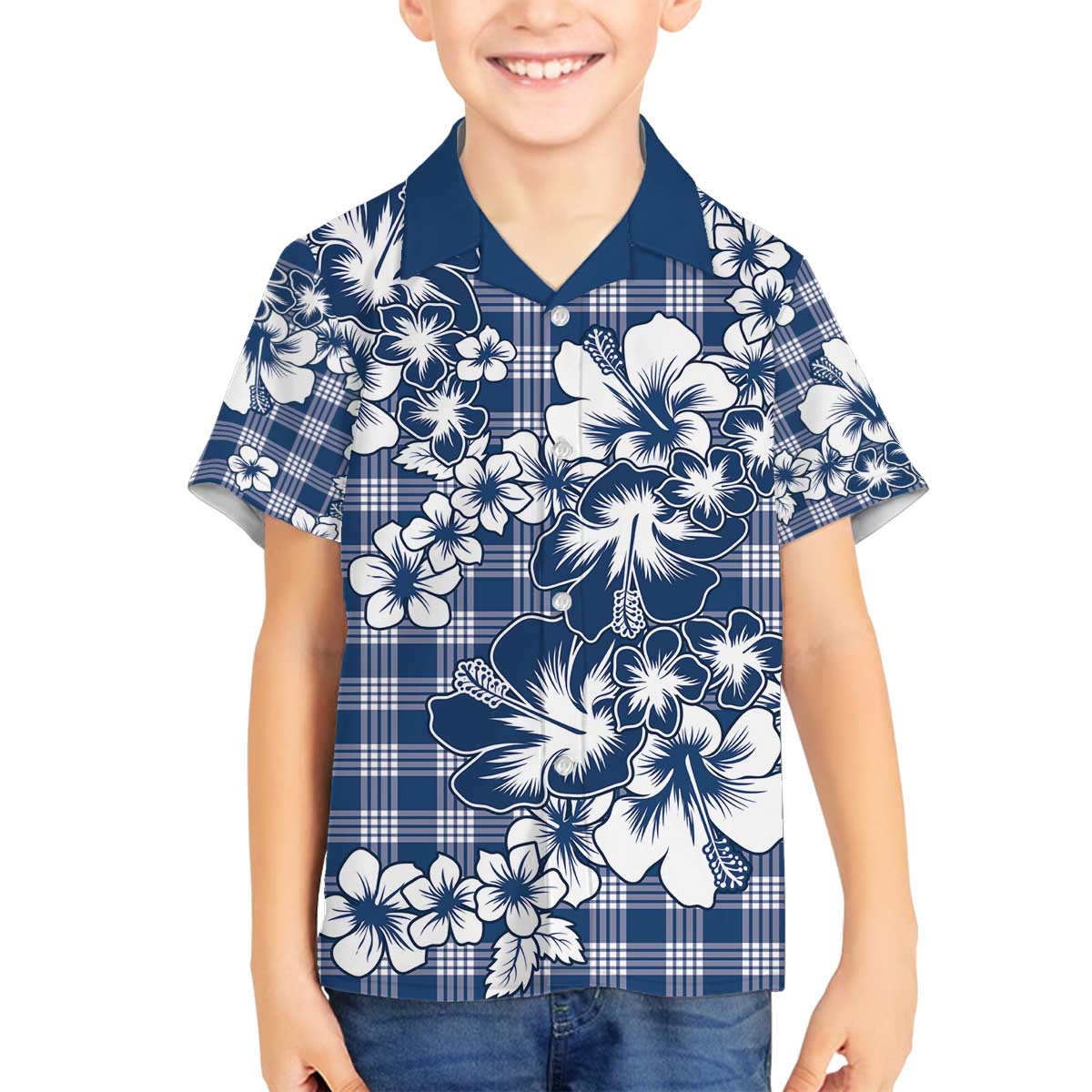 Hibiscus Pakala Cobalt Blue Royal Family Matching Off The Shoulder Long Sleeve Dress and Hawaiian Shirt Tropical Floral Stylized LT01 Son's Shirt Blue - Polynesian Pride