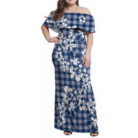 Hibiscus Pakala Cobalt Blue Royal Family Matching Off Shoulder Maxi Dress and Hawaiian Shirt Tropical Floral Stylized LT01 Mom's Dress Blue - Polynesian Pride