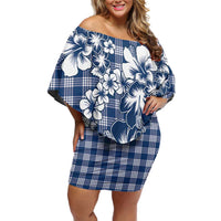 Hibiscus Pakala Cobalt Blue Royal Family Matching Off Shoulder Short Dress and Hawaiian Shirt Tropical Floral Stylized LT01 Mom's Dress Blue - Polynesian Pride