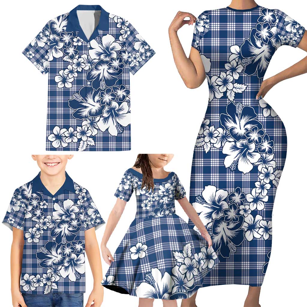 Hibiscus Pakala Cobalt Blue Royal Family Matching Short Sleeve Bodycon Dress and Hawaiian Shirt Tropical Floral Stylized LT01 - Polynesian Pride