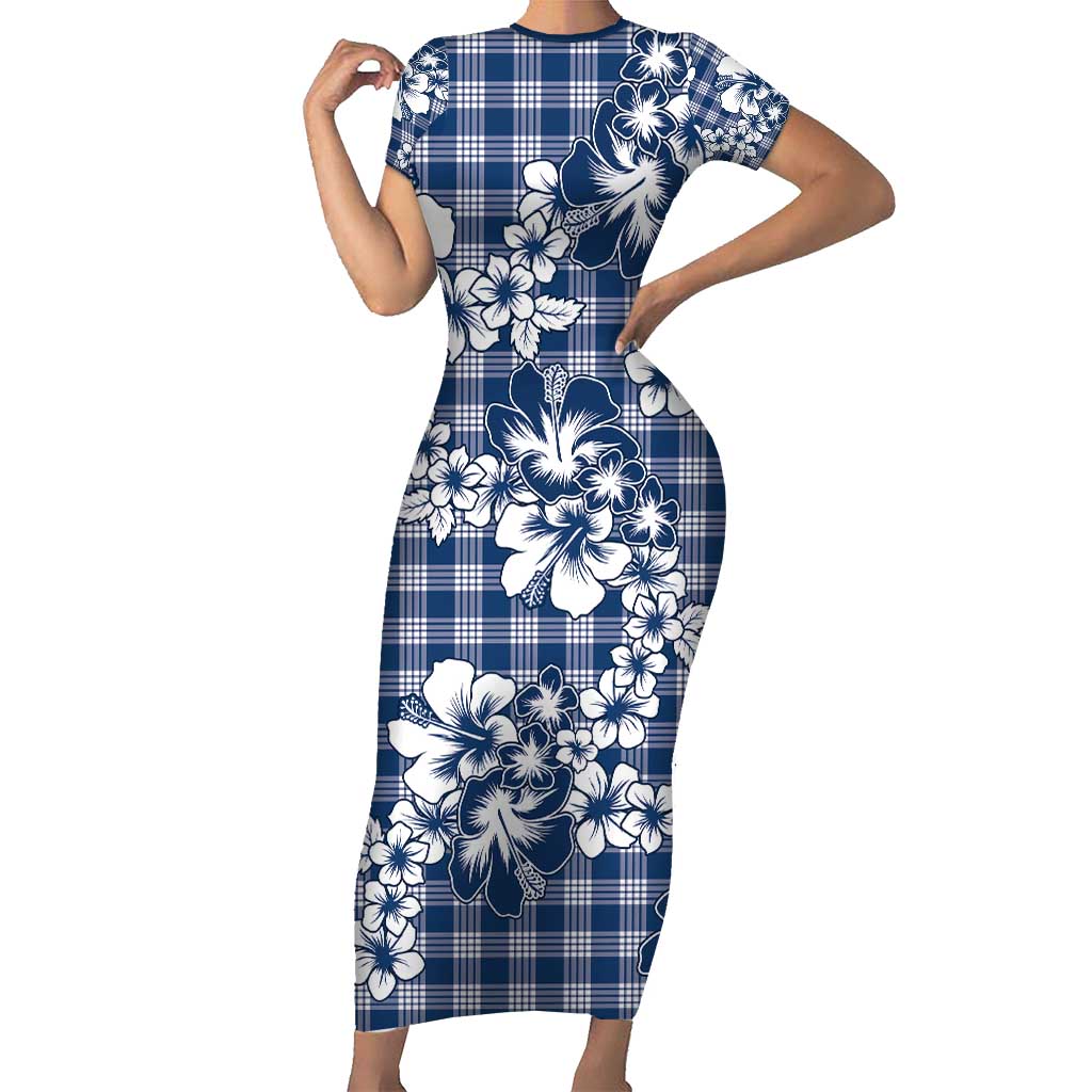 Hibiscus Pakala Cobalt Blue Royal Family Matching Short Sleeve Bodycon Dress and Hawaiian Shirt Tropical Floral Stylized LT01 Mom's Dress Blue - Polynesian Pride
