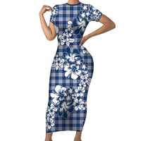 Hibiscus Pakala Cobalt Blue Royal Family Matching Short Sleeve Bodycon Dress and Hawaiian Shirt Tropical Floral Stylized LT01 Mom's Dress Blue - Polynesian Pride