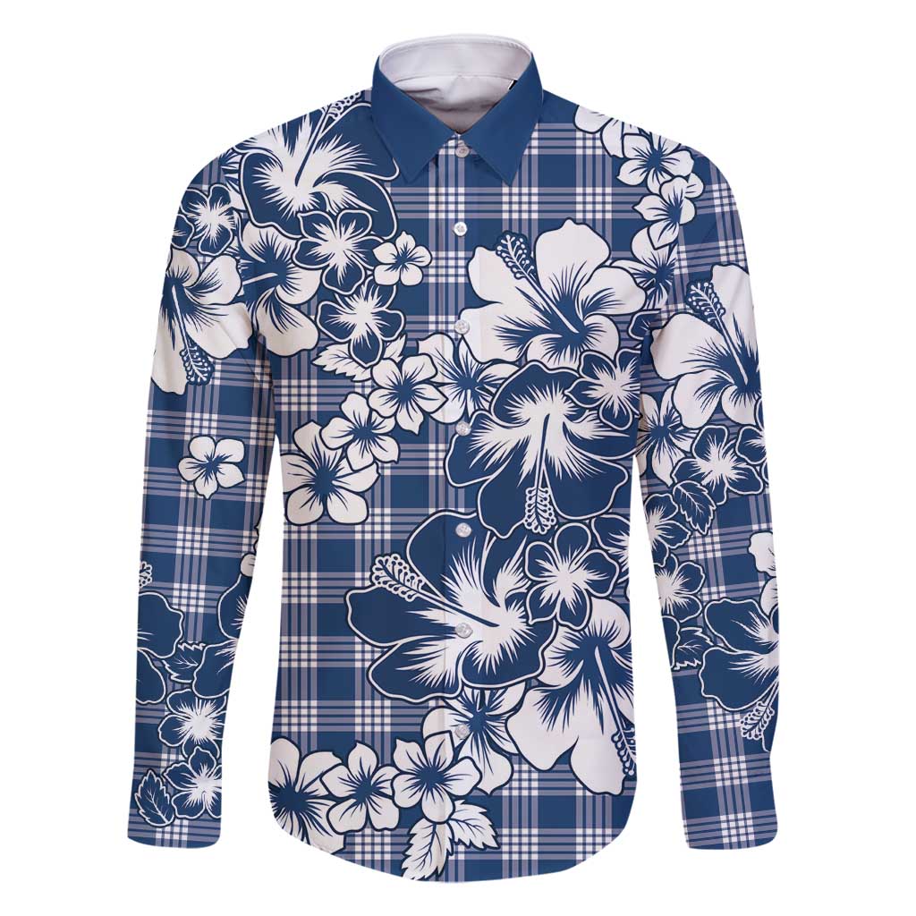 Hibiscus Pakala Cobalt Blue Royal Family Matching Summer Maxi Dress and Hawaiian Shirt Tropical Floral Stylized LT01 Dad's Shirt - Long Sleeve Blue - Polynesian Pride