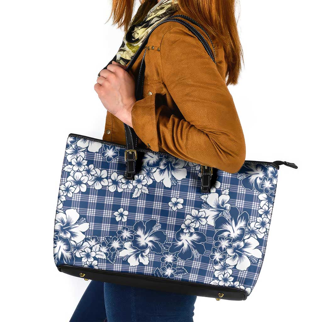 Hibiscus Pakala Cobalt Blue Royal Leather Tote Bag Tropical Floral Stylized - Polynesian Pride