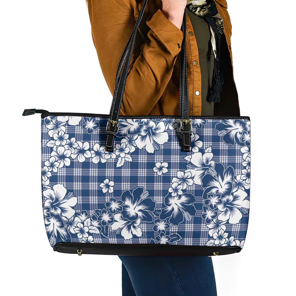 Hibiscus Pakala Cobalt Blue Royal Leather Tote Bag Tropical Floral Stylized - Polynesian Pride