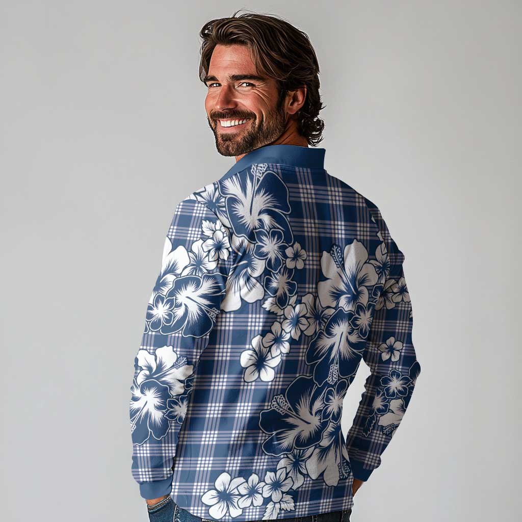 Hibiscus Pakala Cobalt Blue Royal Long Sleeve Polo Shirt Tropical Floral Stylized - Polynesian Pride