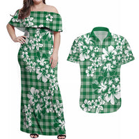 Hibiscus Pakala Emerald Green Couples Matching Off Shoulder Maxi Dress and Hawaiian Shirt Tropical Floral Stylized - Polynesian Pride