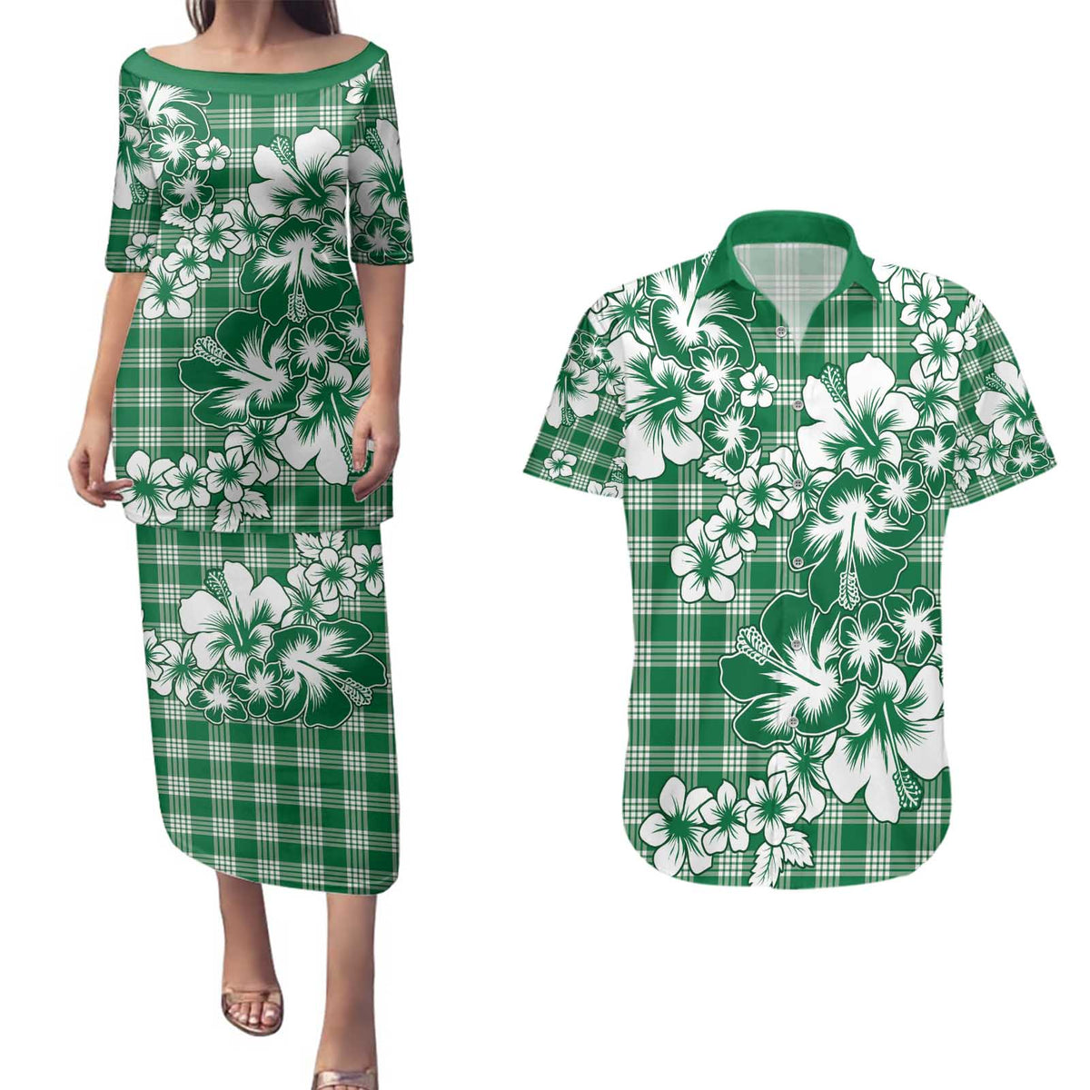 Hibiscus Pakala Emerald Green Couples Matching Puletasi and Hawaiian Shirt Tropical Floral Stylized - Polynesian Pride