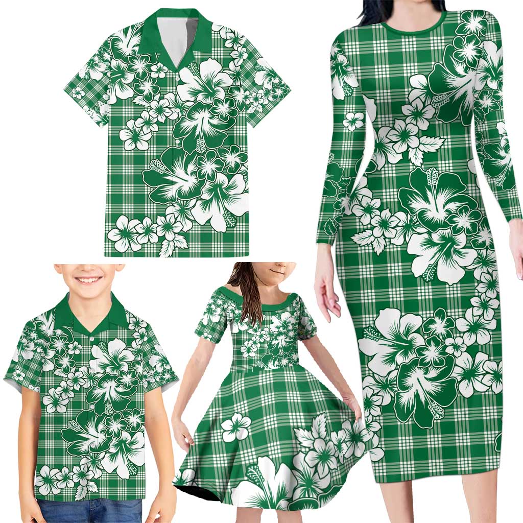 Hibiscus Pakala Emerald Green Family Matching Long Sleeve Bodycon Dress and Hawaiian Shirt Tropical Floral Stylized LT01 - Polynesian Pride