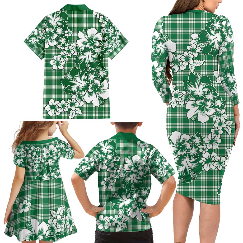 Hibiscus Pakala Emerald Green Family Matching Long Sleeve Bodycon Dress and Hawaiian Shirt Tropical Floral Stylized LT01 - Polynesian Pride