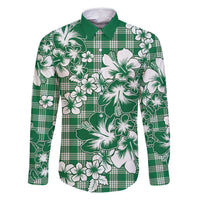 Hibiscus Pakala Emerald Green Family Matching Long Sleeve Bodycon Dress and Hawaiian Shirt Tropical Floral Stylized LT01 Dad's Shirt - Long Sleeve Green - Polynesian Pride