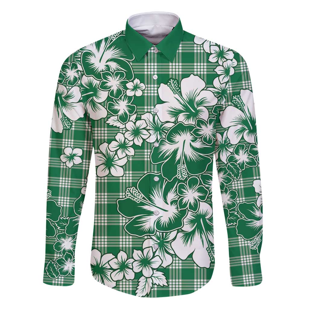 Hibiscus Pakala Emerald Green Family Matching Mermaid Dress and Hawaiian Shirt Tropical Floral Stylized LT01 Dad's Shirt - Long Sleeve Green - Polynesian Pride