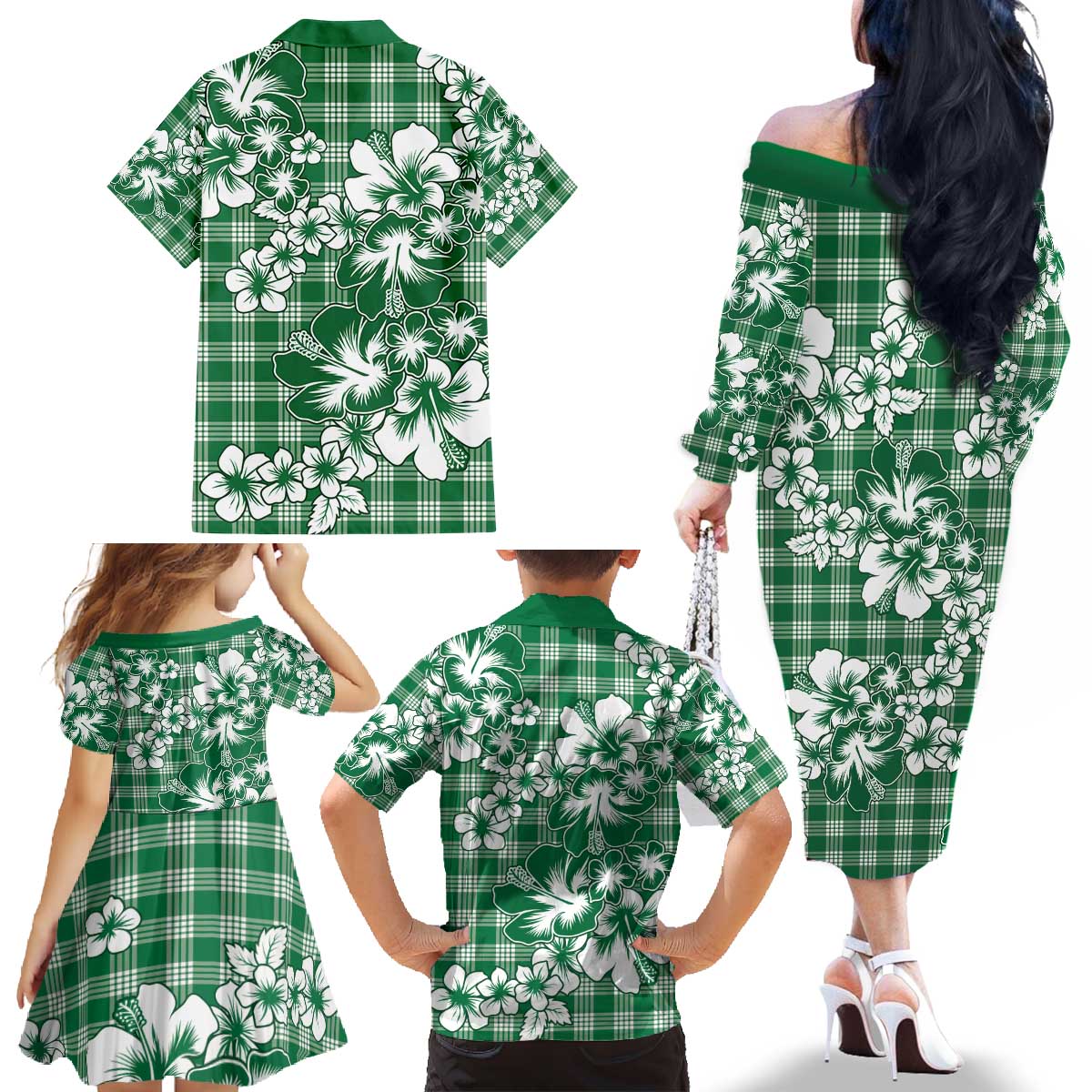 Hibiscus Pakala Emerald Green Family Matching Off The Shoulder Long Sleeve Dress and Hawaiian Shirt Tropical Floral Stylized LT01 - Polynesian Pride