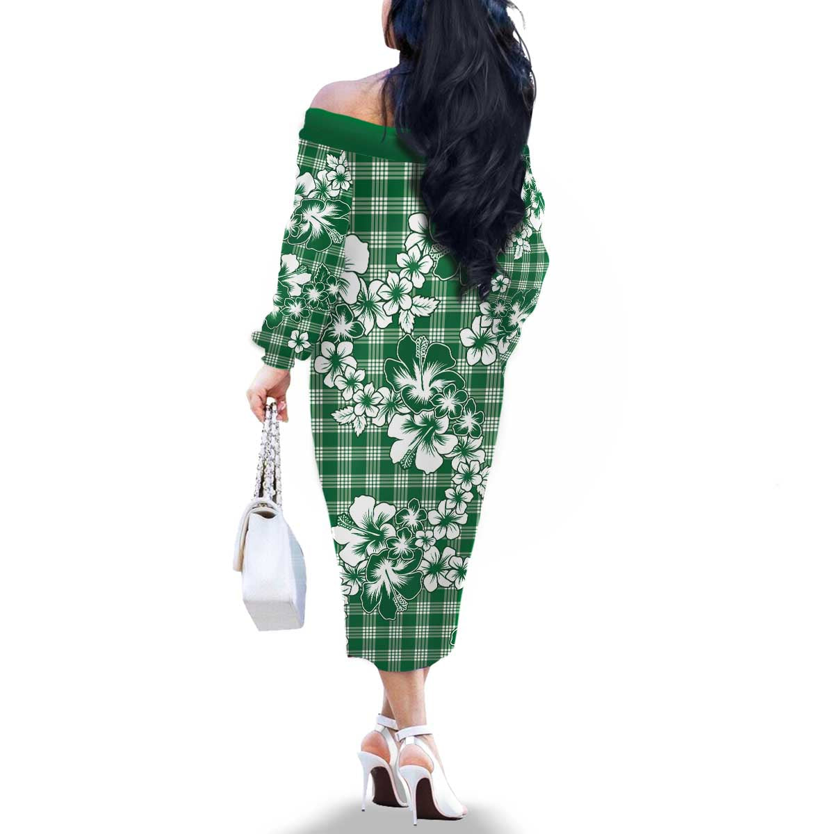 Hibiscus Pakala Emerald Green Family Matching Off The Shoulder Long Sleeve Dress and Hawaiian Shirt Tropical Floral Stylized LT01 - Polynesian Pride