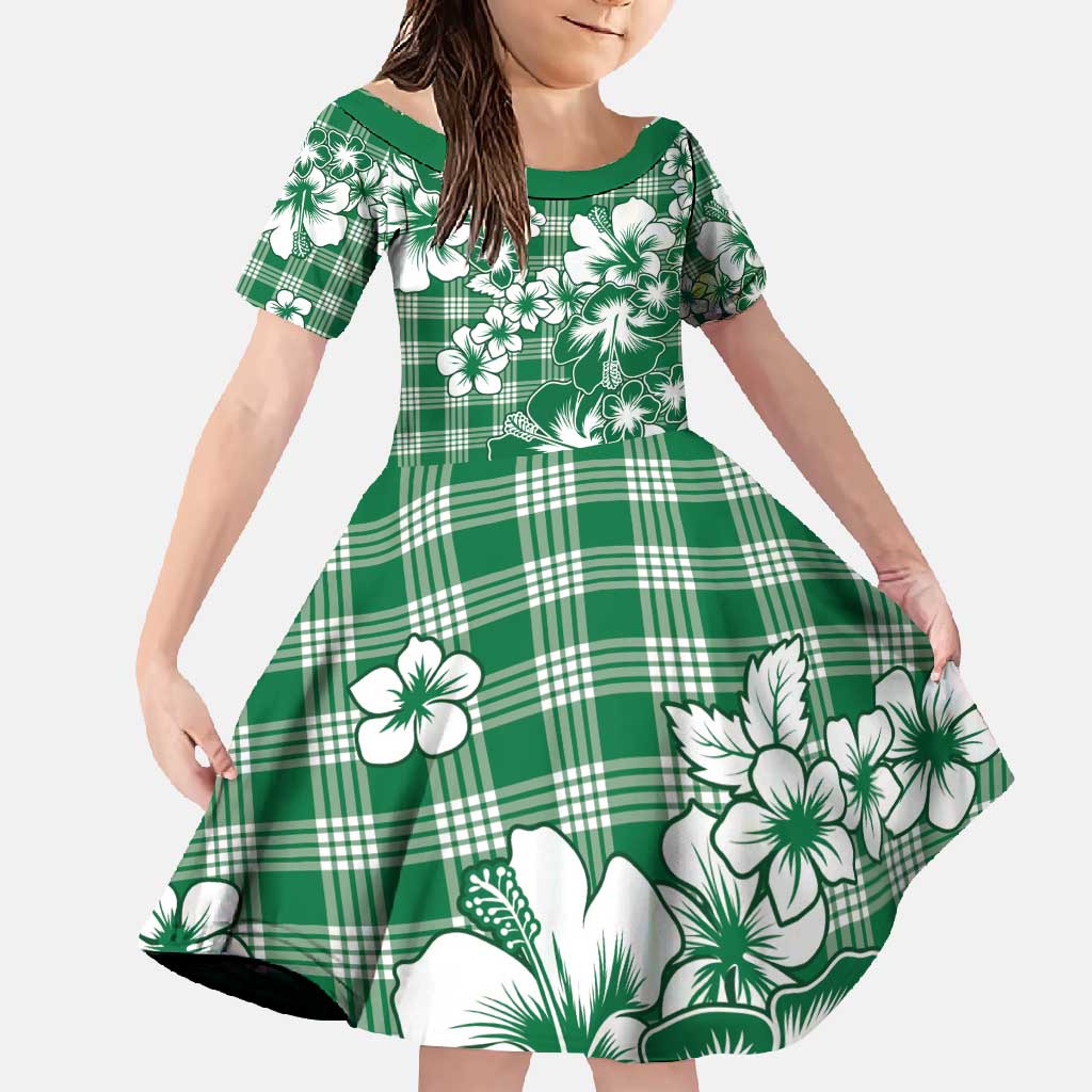Hibiscus Pakala Emerald Green Family Matching Short Sleeve Bodycon Dress and Hawaiian Shirt Tropical Floral Stylized LT01 Daughter's Dress Green - Polynesian Pride